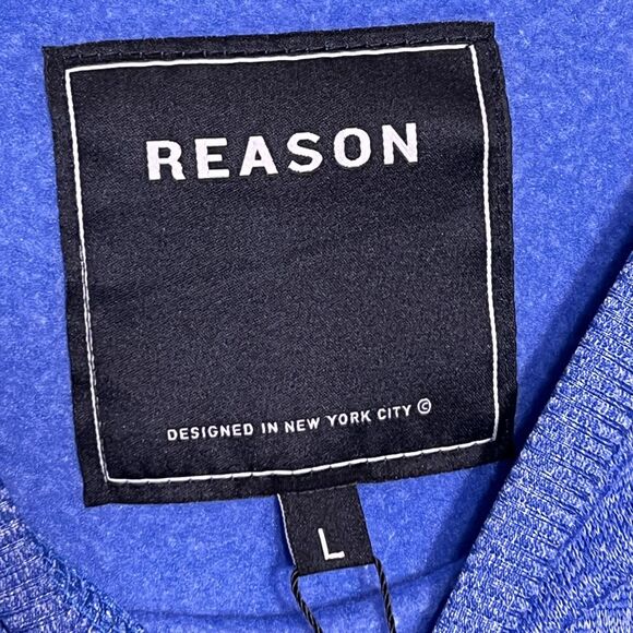 Reason Sweater Mens Large Blue Crewneck Pullover Mountain Patch Logo New NYC - Picture 4 of 11